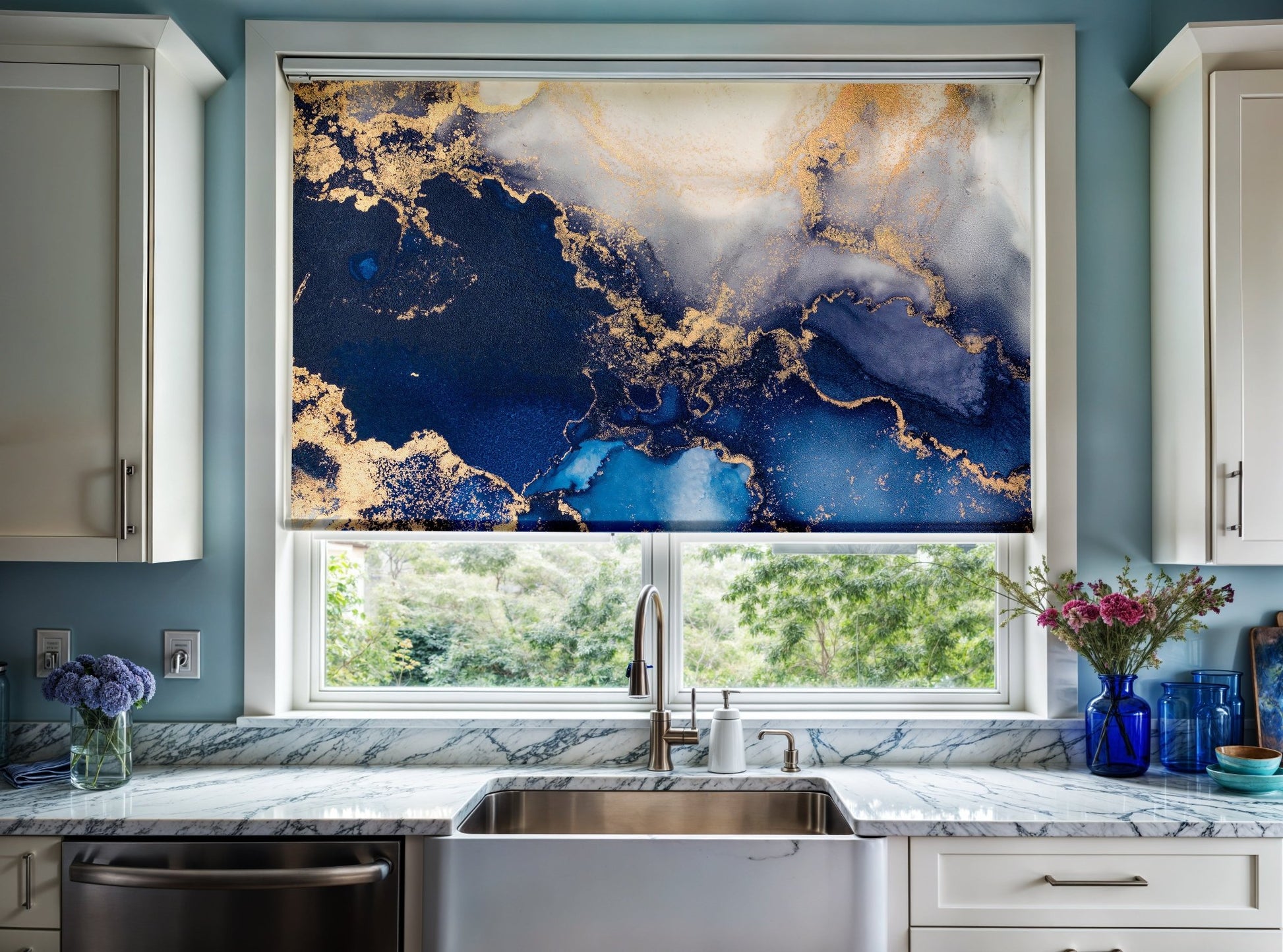 Luxury Abstract Blue & Gold Roller Shade - Mağazam